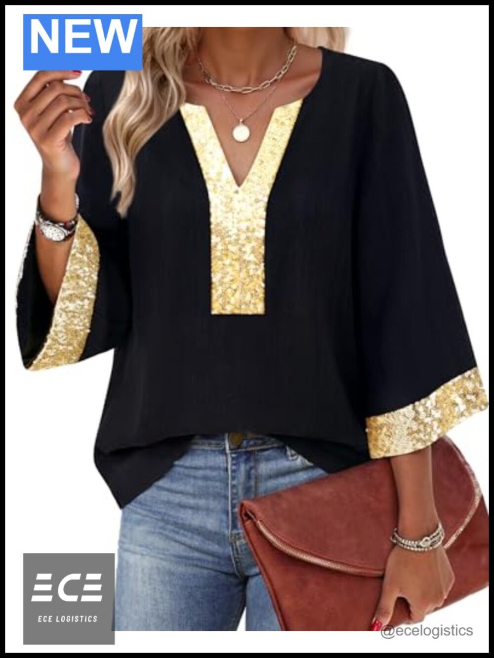 Women's 3/4 Sleeve V-Neck Floral Tunic Blouse Loose Fit Dressy Casual
